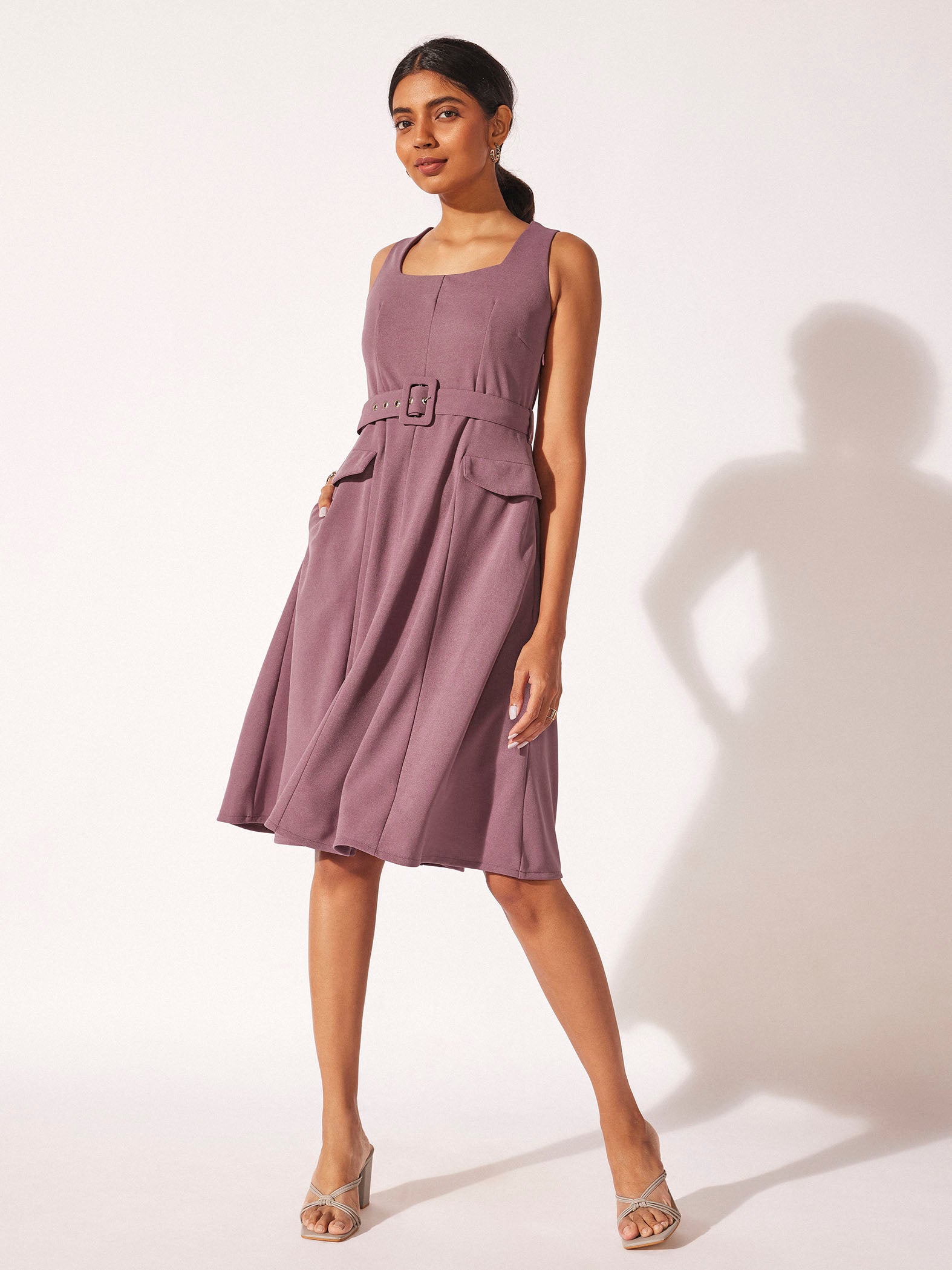 Mauve A-Line Belted Midi Dress