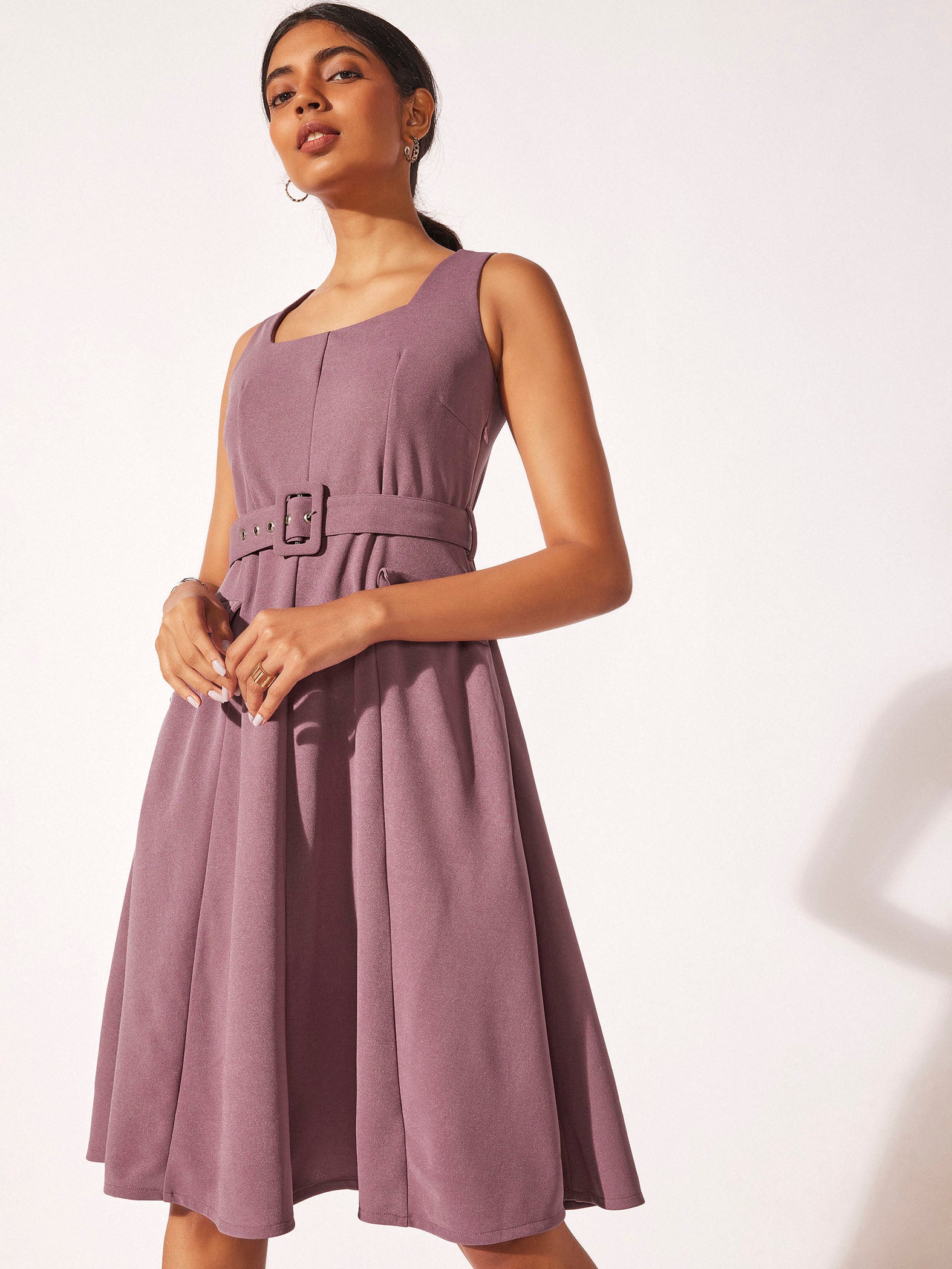 Mauve A-Line Belted Midi Dress