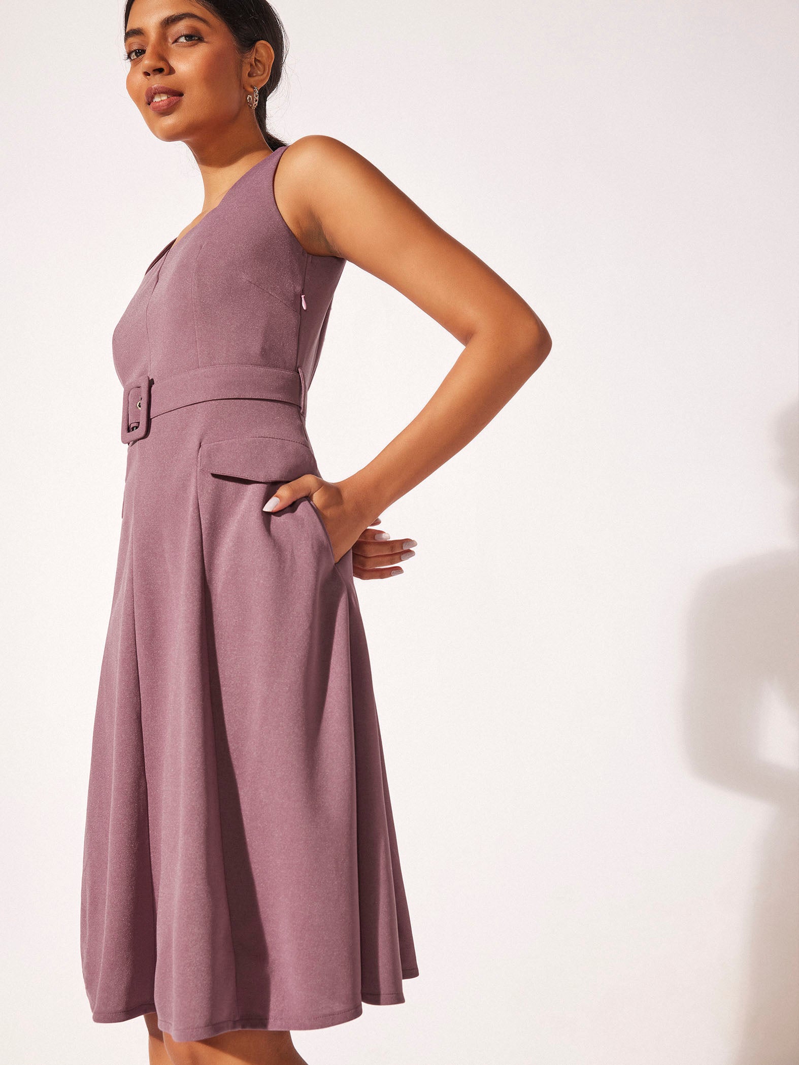 Mauve A-Line Belted Midi Dress