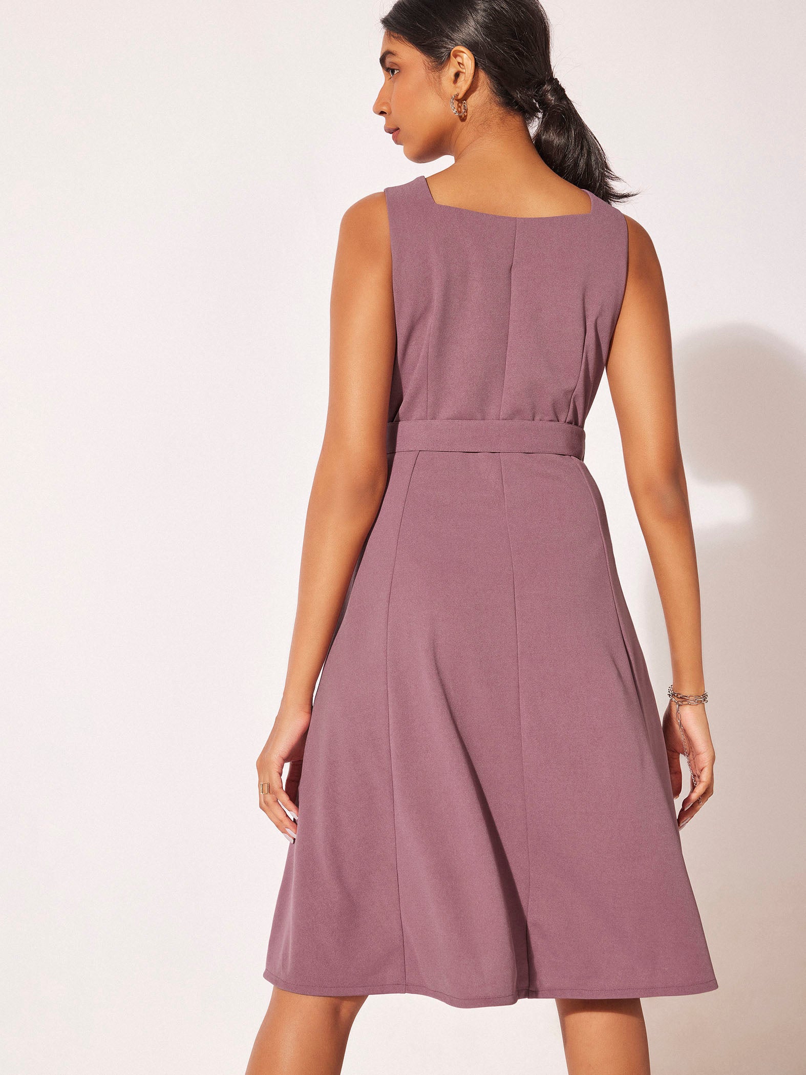 Mauve A-Line Belted Midi Dress