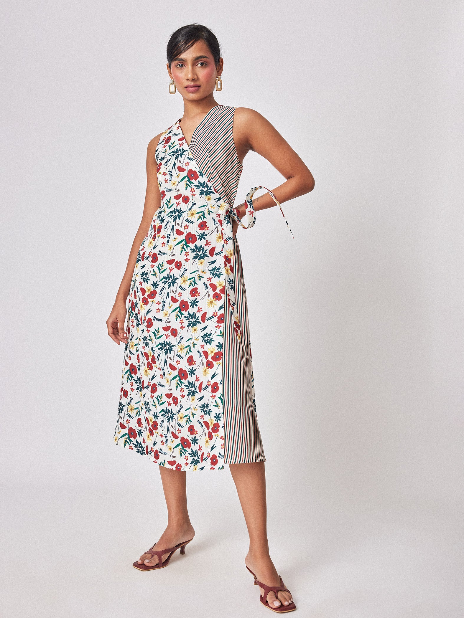 Meadow Print Stripe Detail Wrap Dress