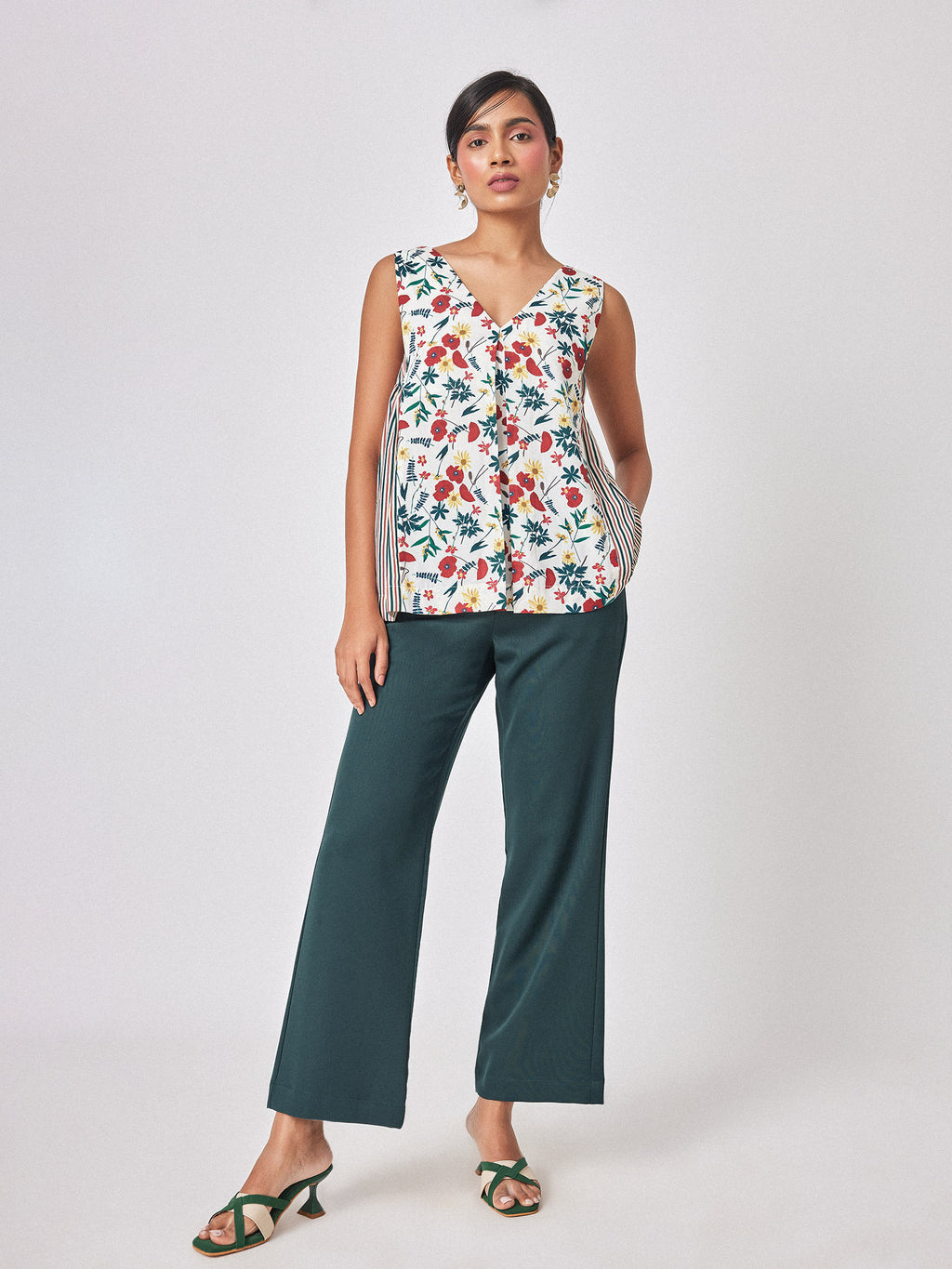 Meadow Print Striped V Neck Top