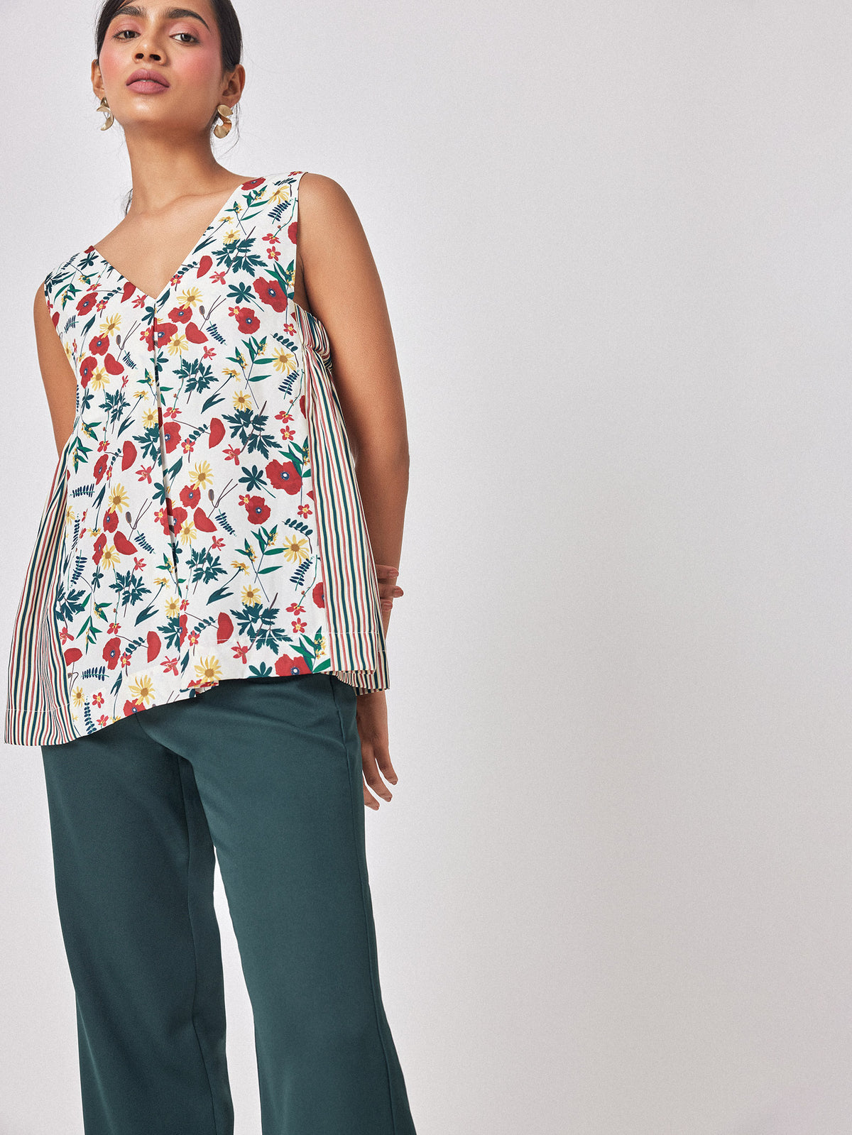 Meadow Print Striped V Neck Top