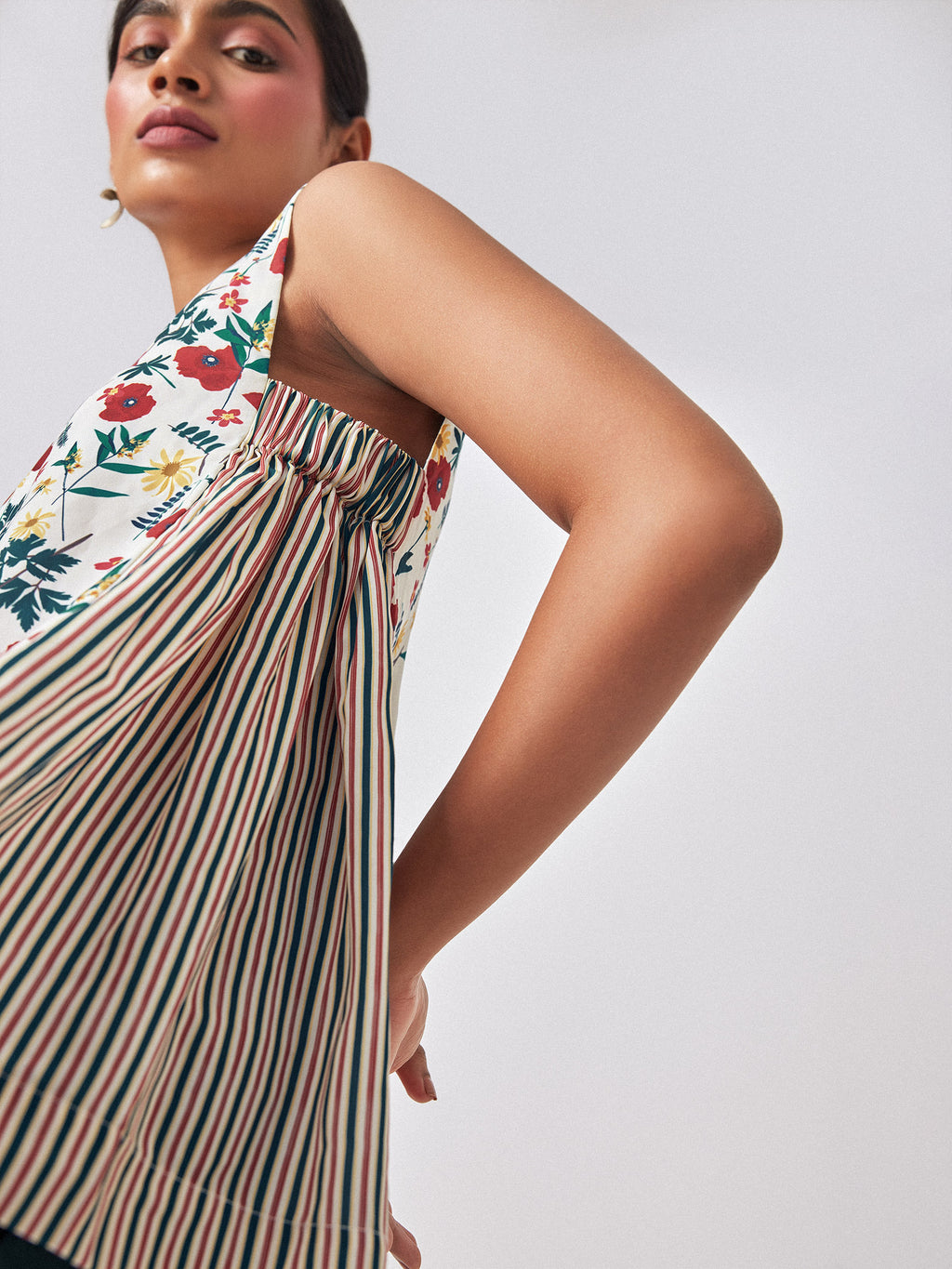 Meadow Print Striped V Neck Top