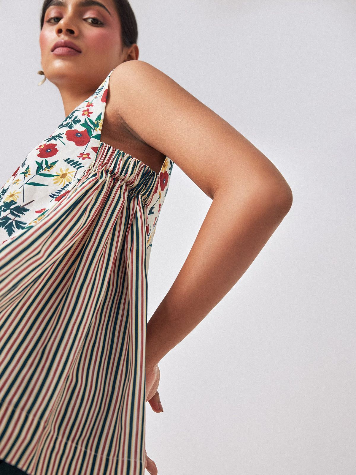 Meadow Print Striped V Neck Top