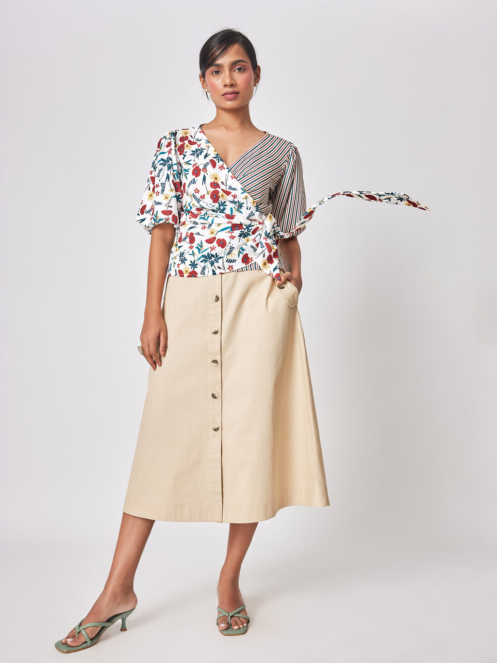 Meadow Print Striped Wrap Top