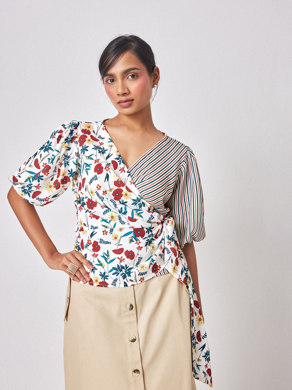Meadow Print Striped Wrap Top