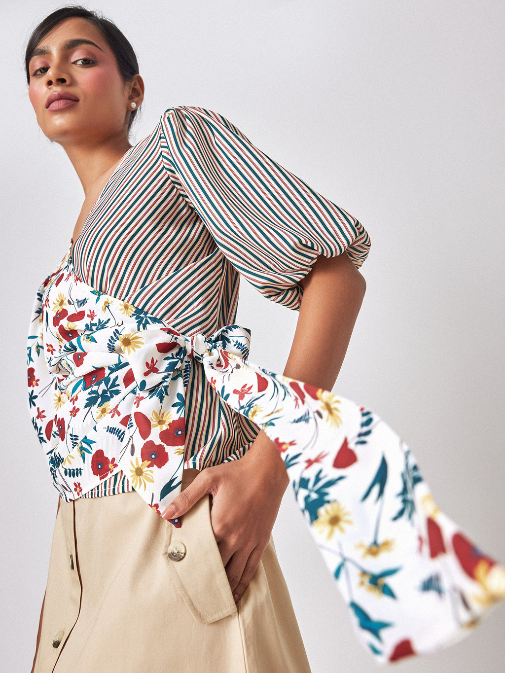 Meadow Print Striped Wrap Top