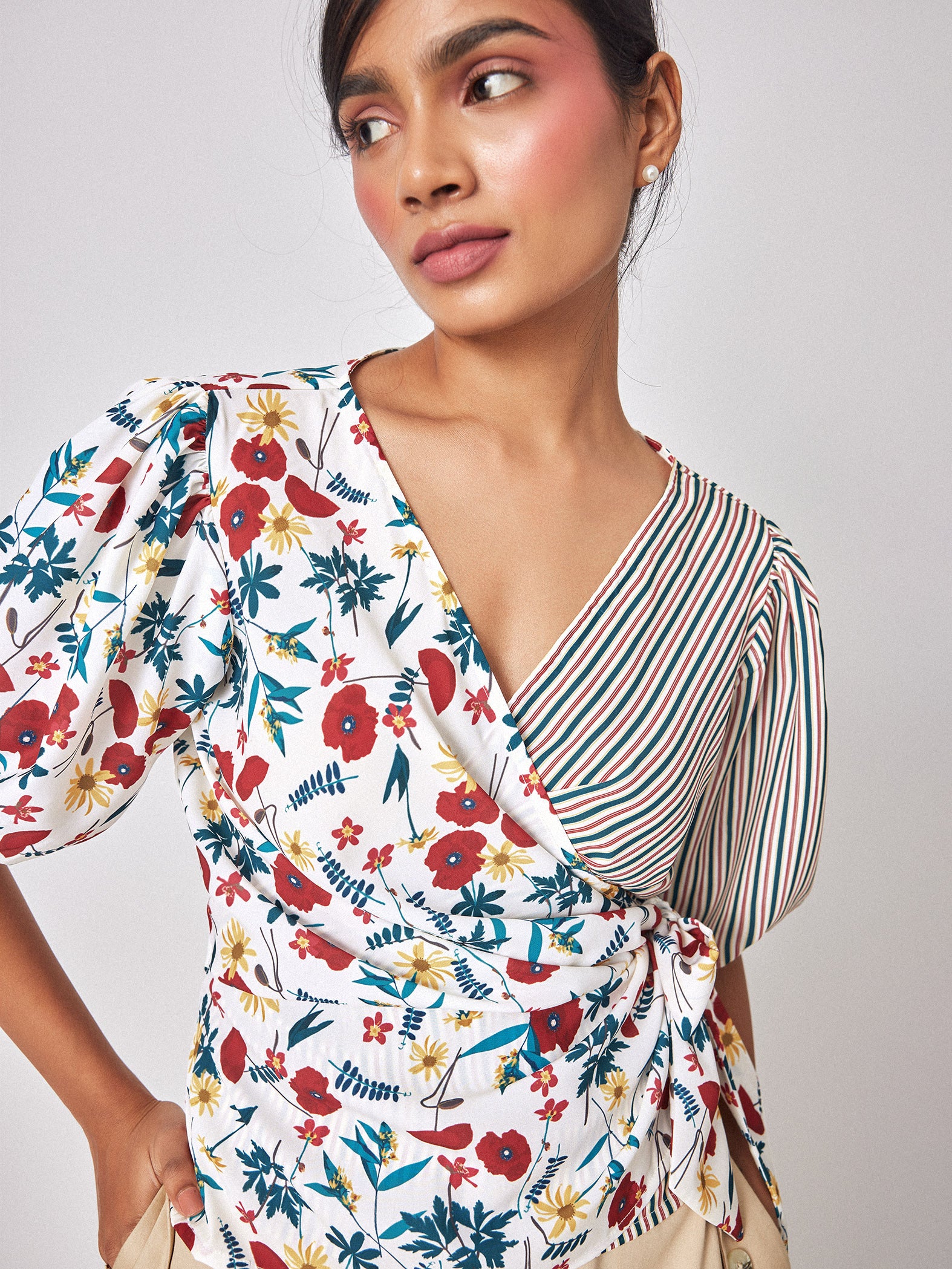 Meadow Print Striped Wrap Top