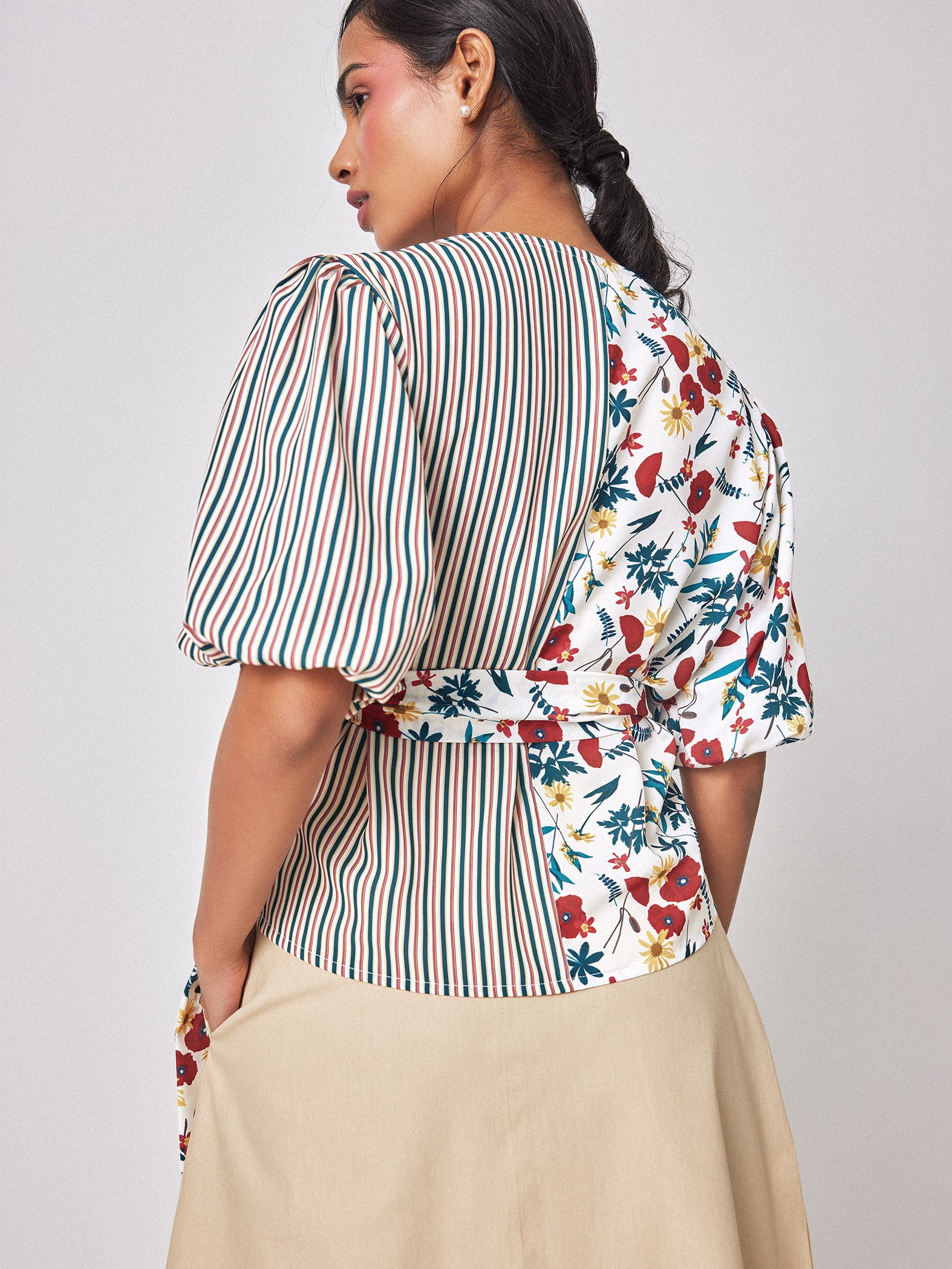 Meadow Print Striped Wrap Top
