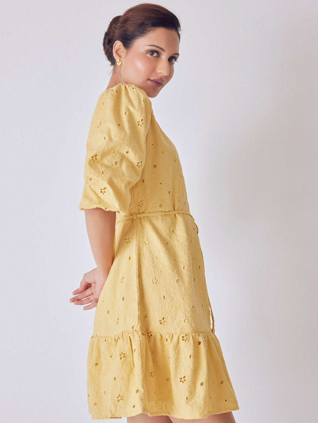 Melon Yellow Schiffli Mini Dress