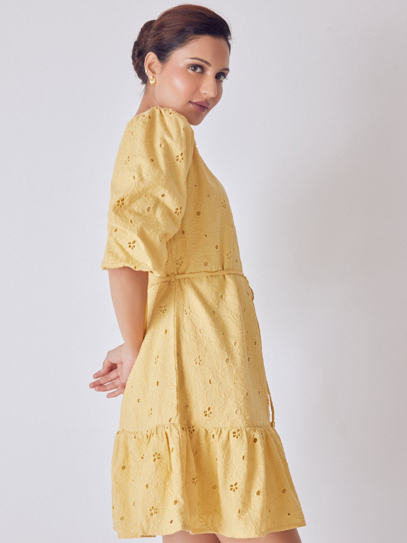 Melon Yellow Schiffli Mini Dress