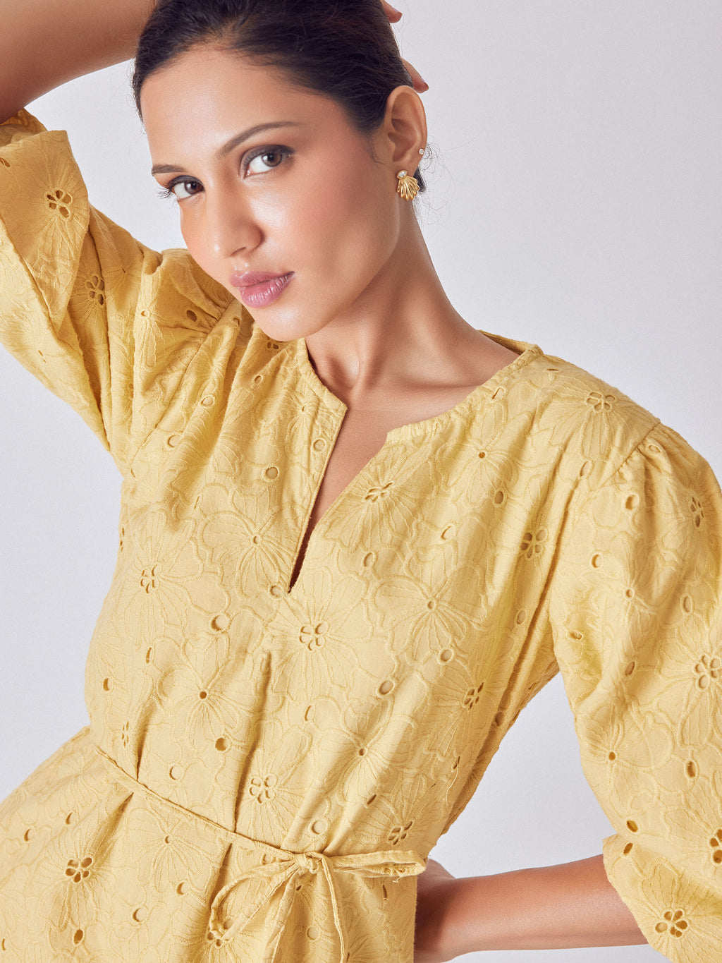 Melon Yellow Schiffli Mini Dress