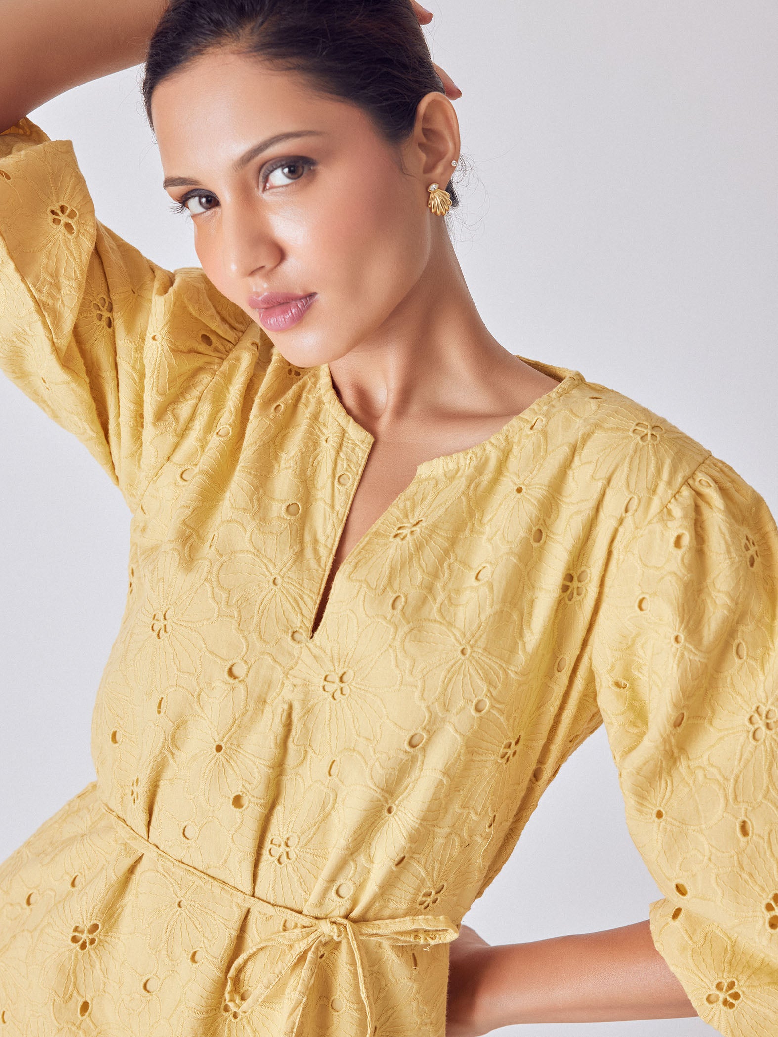 Melon Yellow Schiffli Mini Dress
