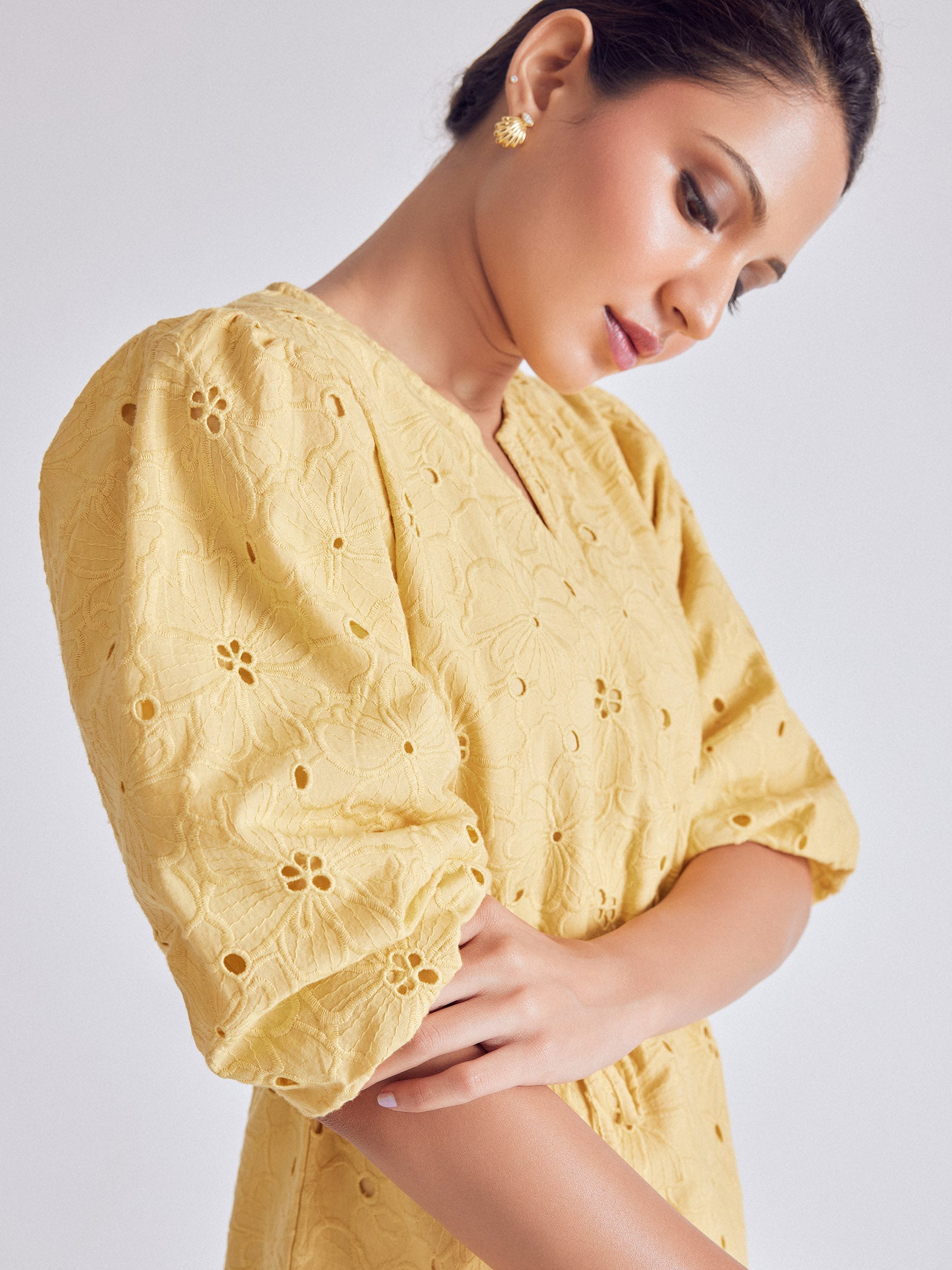 Melon Yellow Schiffli Mini Dress