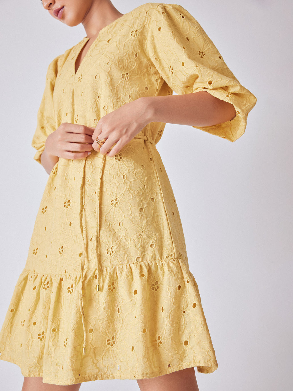 Melon Yellow Schiffli Mini Dress
