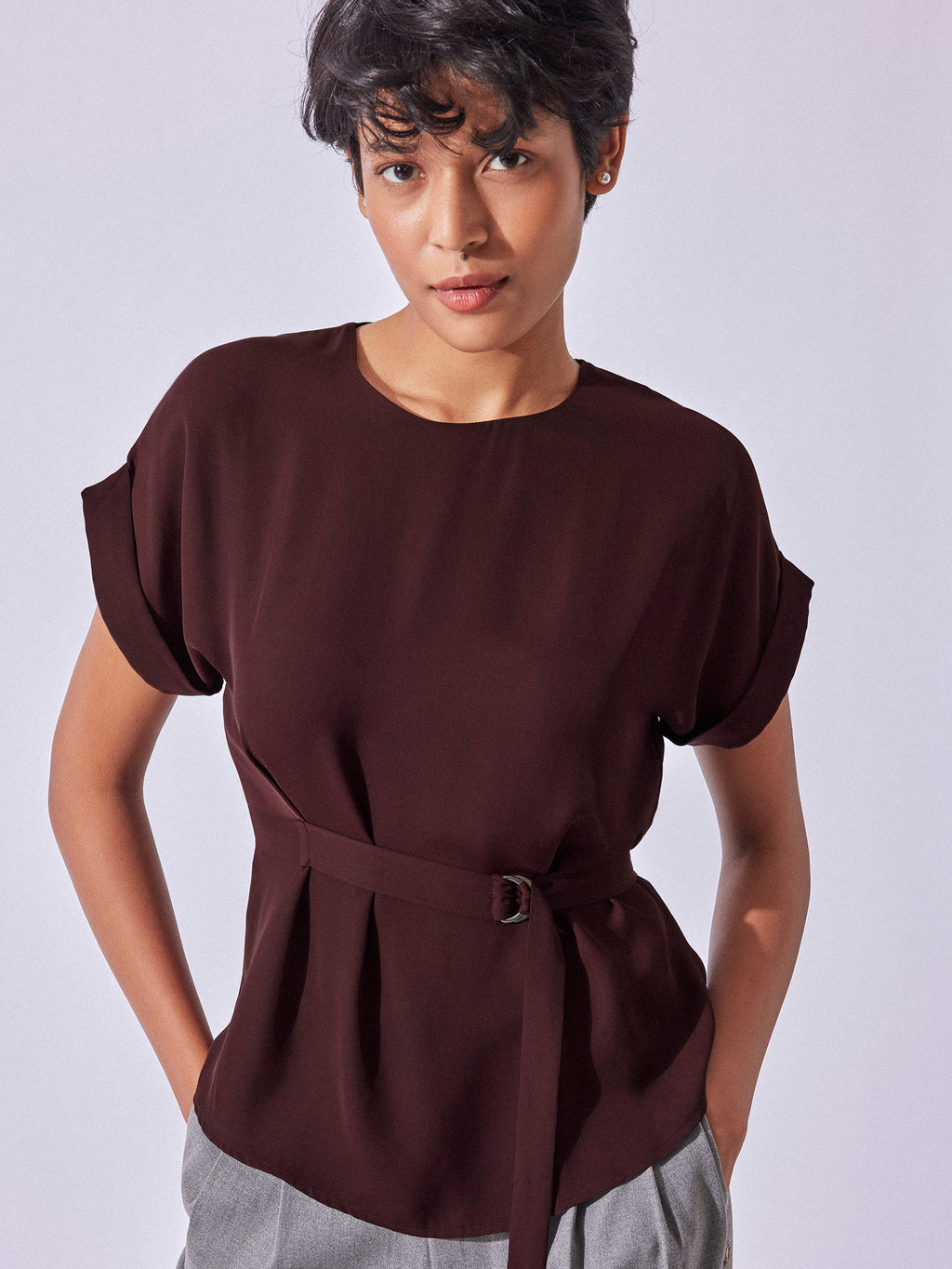 Merlot Buckle Belted Peplum Top