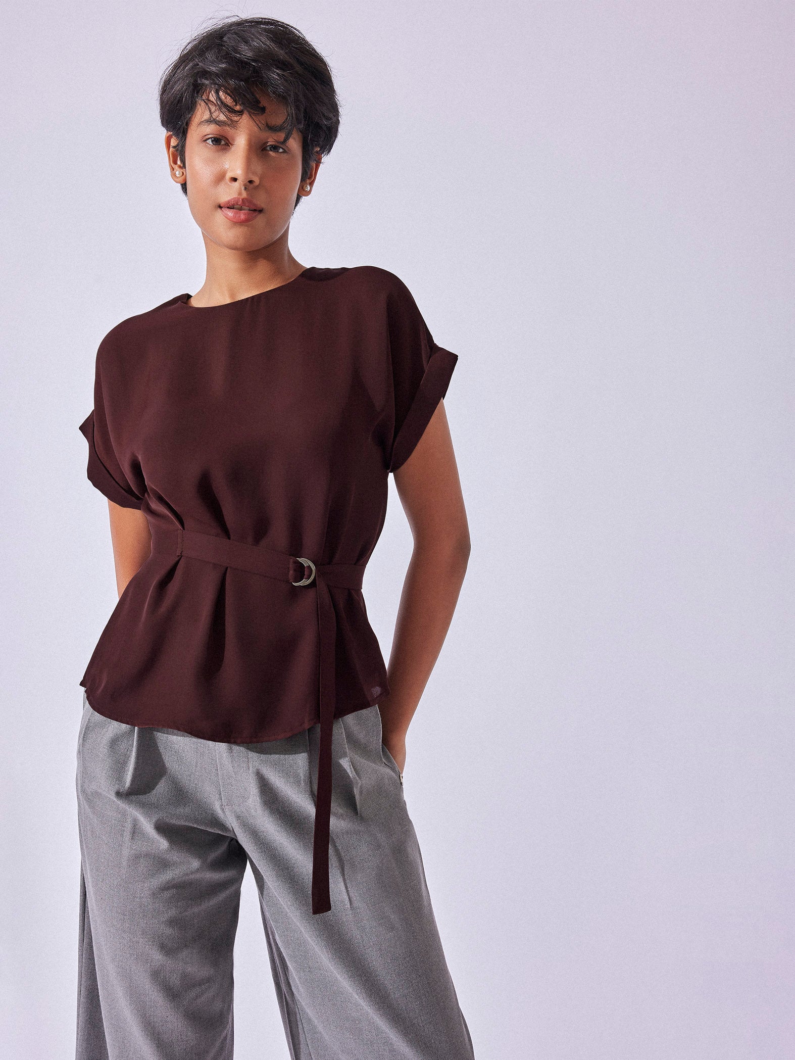 Merlot Buckle Belted Peplum Top
