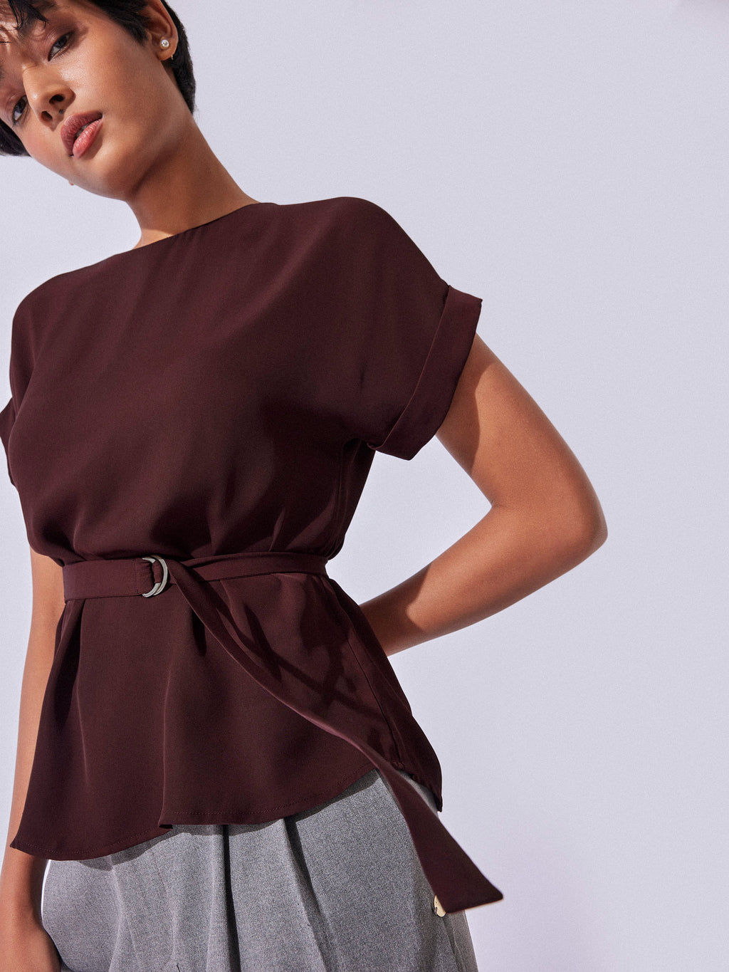 Merlot Buckle Belted Peplum Top