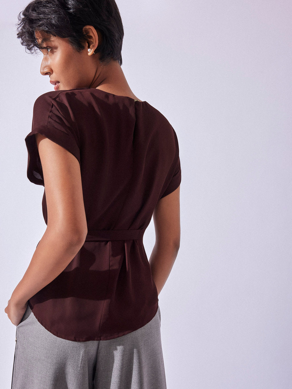 Merlot Buckle Belted Peplum Top