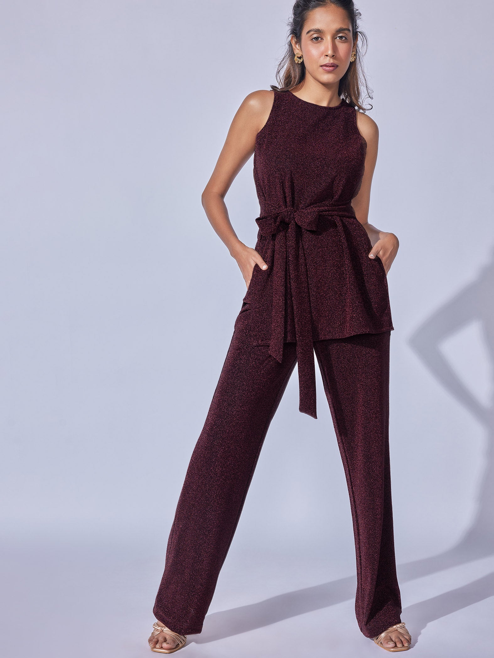 Merlot Shimmer Knit Front Tie Top