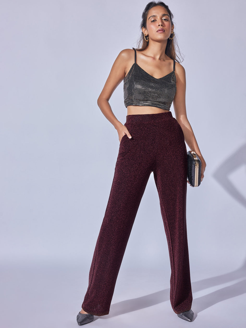 Merlot Shimmer Knit High Waisted Pants