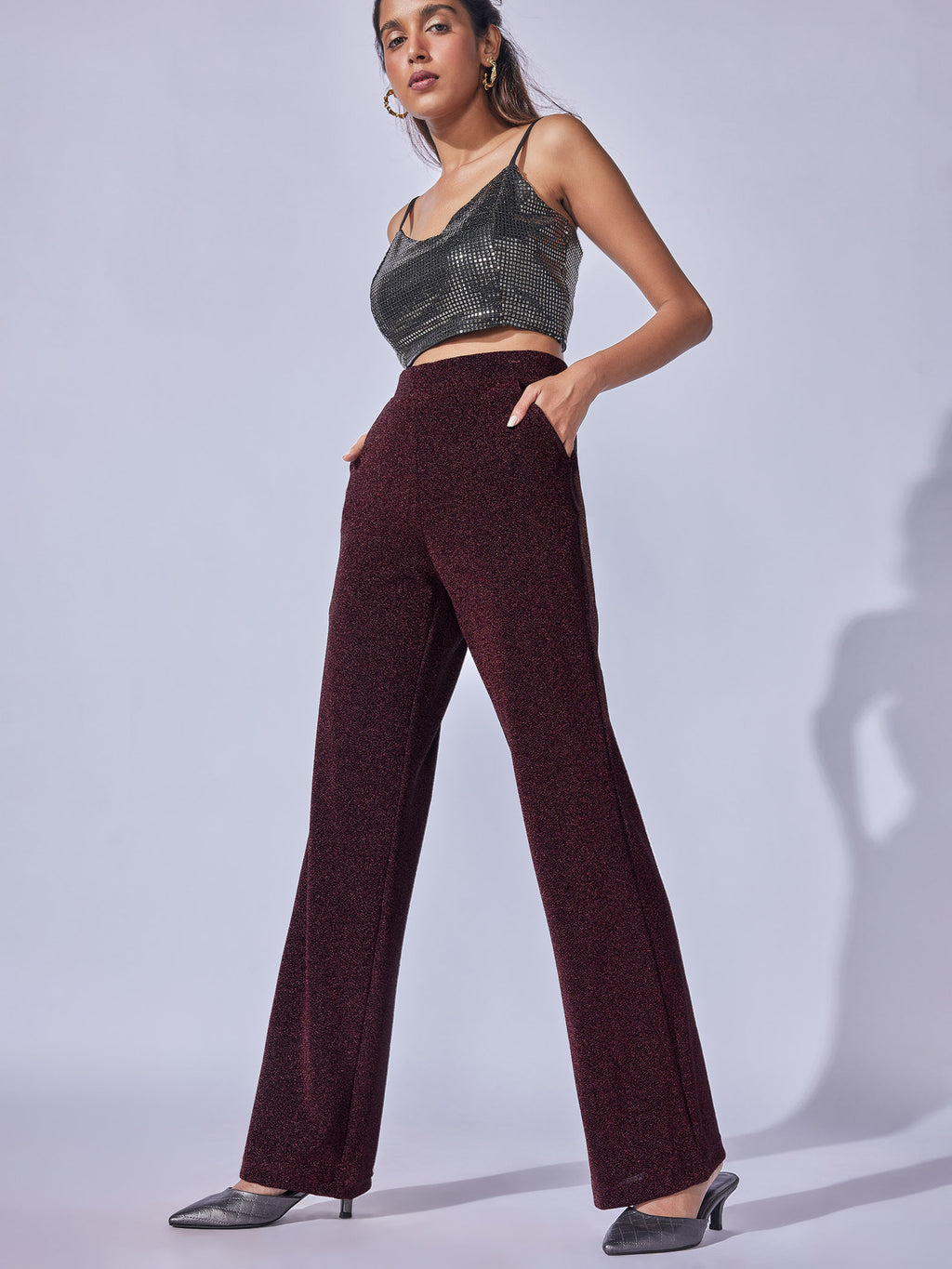 Merlot Shimmer Knit High Waisted Pants