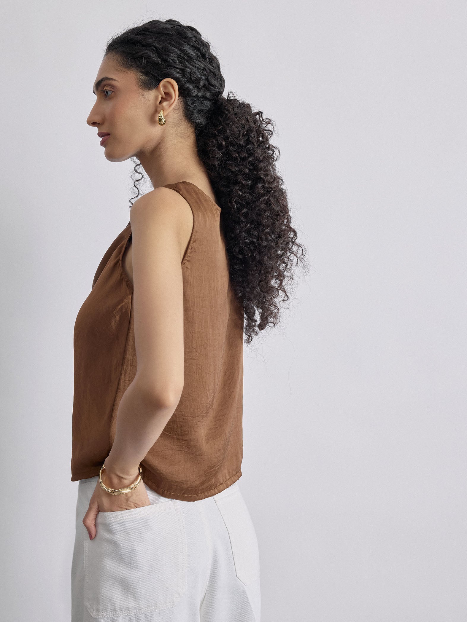 Mocha Satin Cowl Neck Top