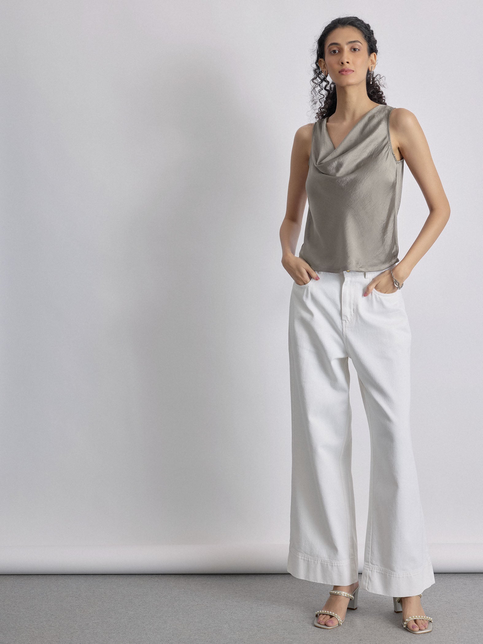 Charcoal Satin Cowl Neck Top