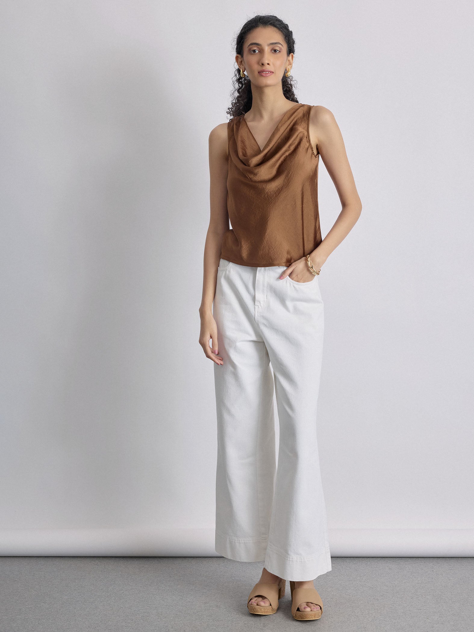 Mocha Satin Cowl Neck Top