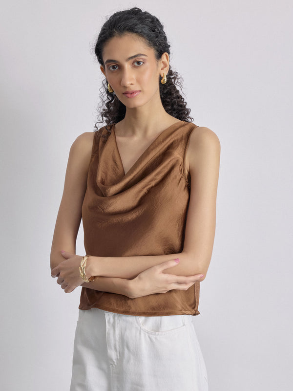 Mocha Satin Cowl Neck Top