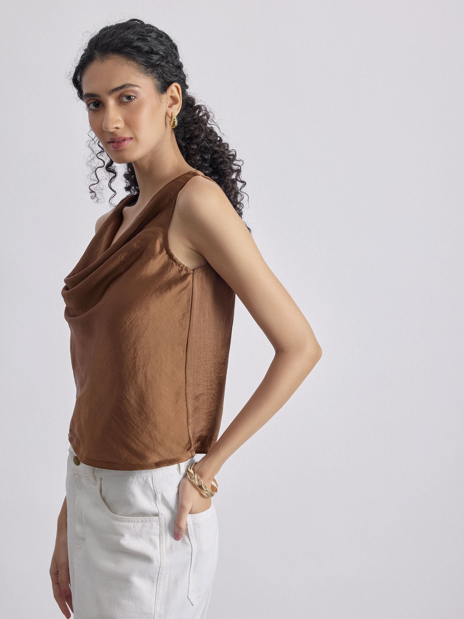 Mocha Satin Cowl Neck Top