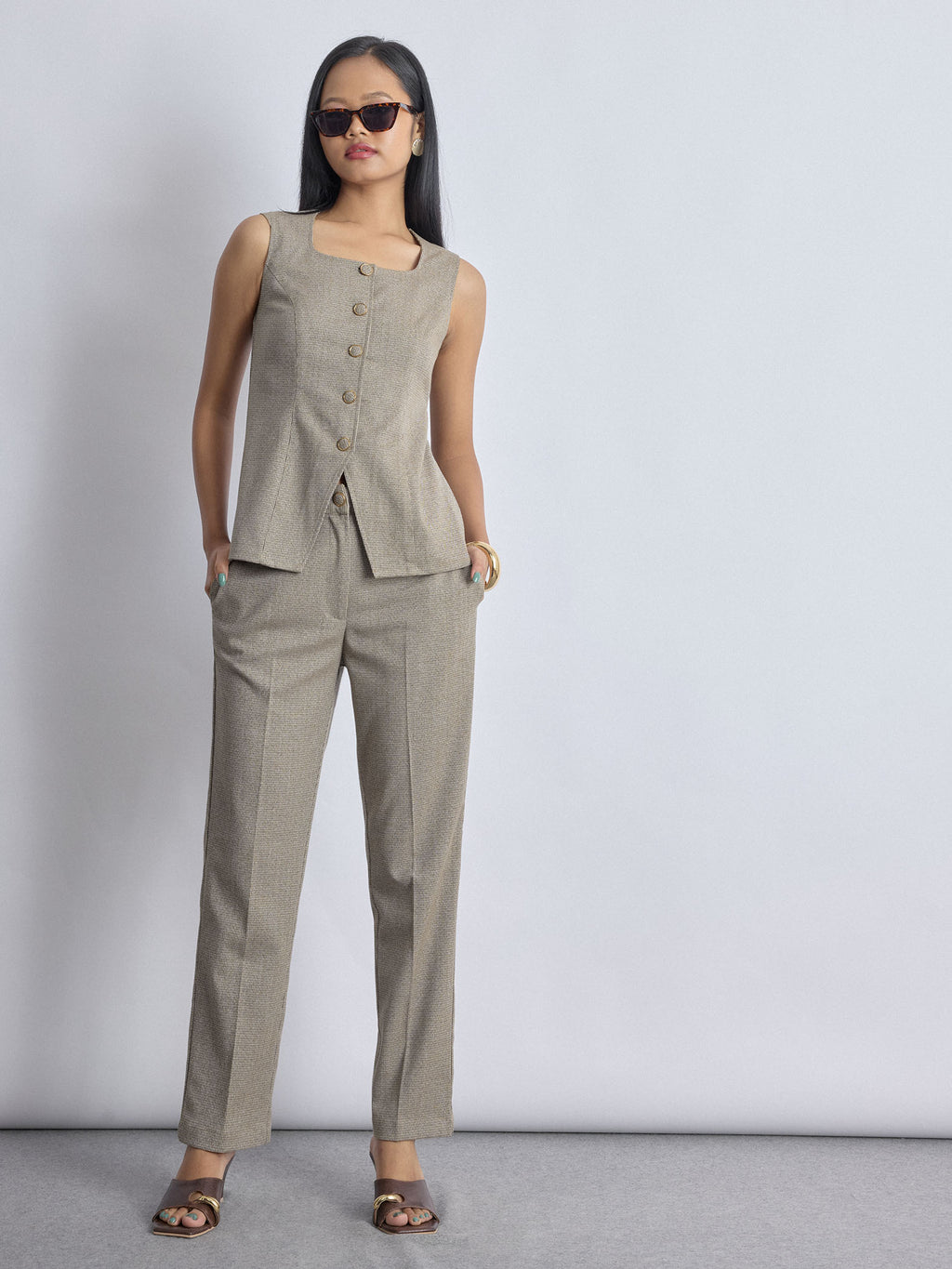 Mocha Textured Long Waistcoat