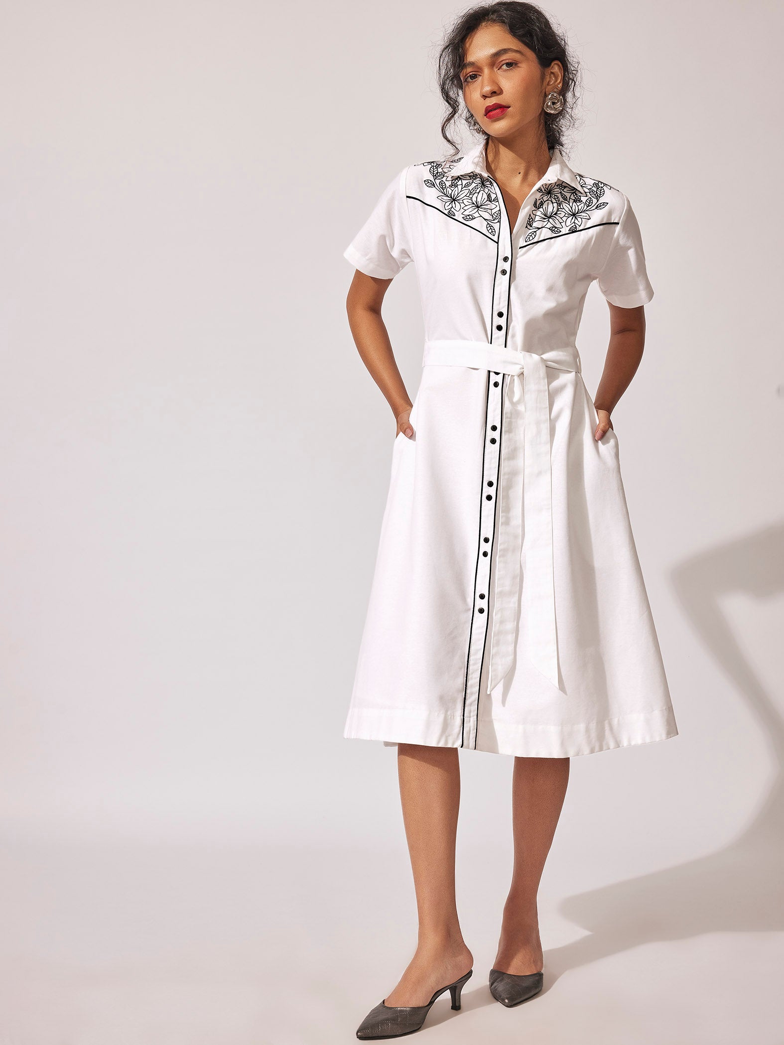 Monochrome Embroidered Shirt Dress