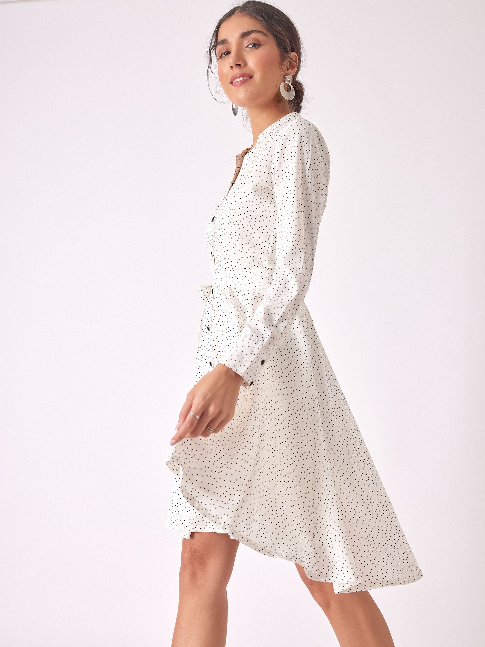 Monochrome Polka Front Tie Shirt Dress