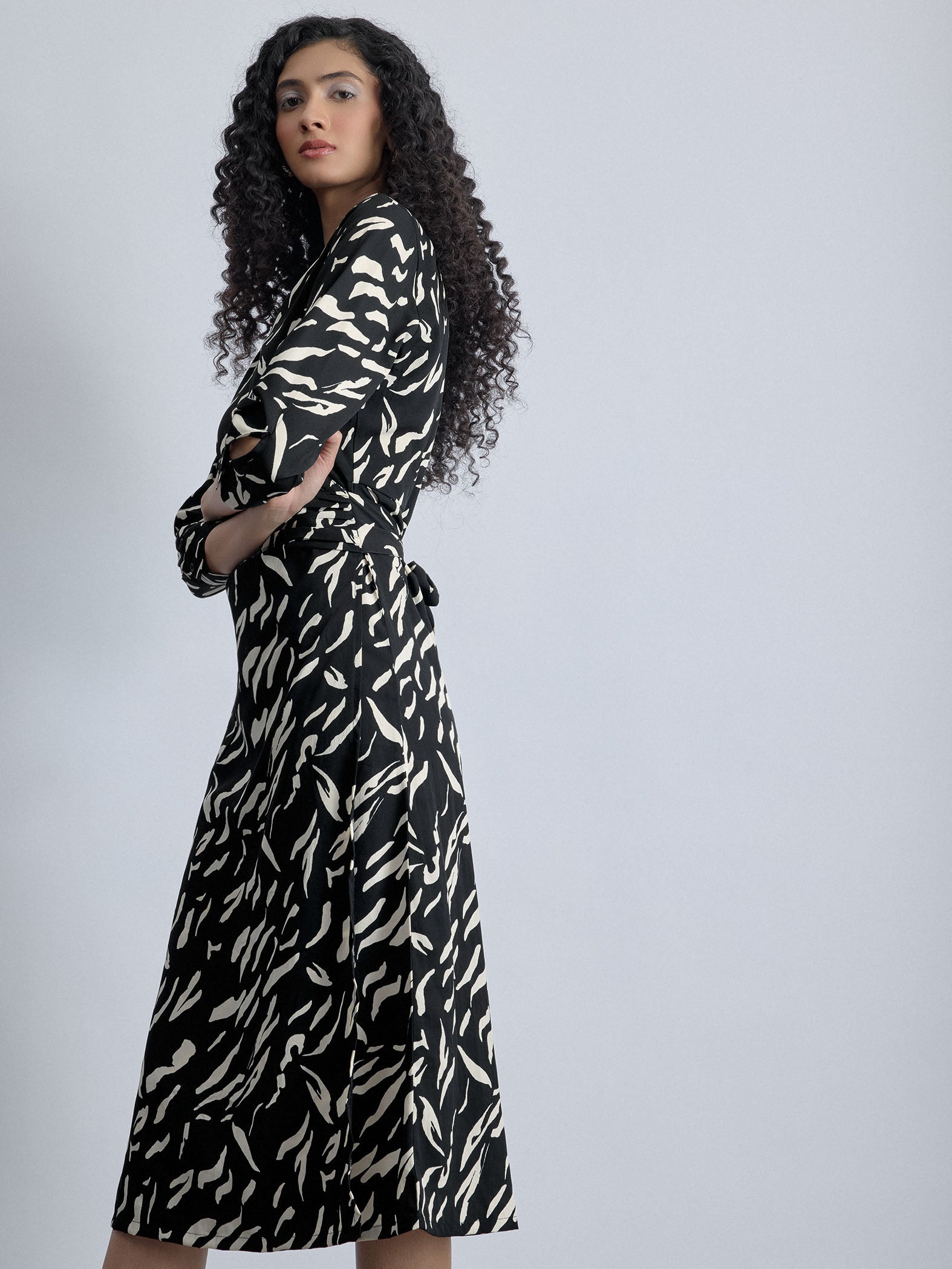 Monochrome Printed Wrap Dress