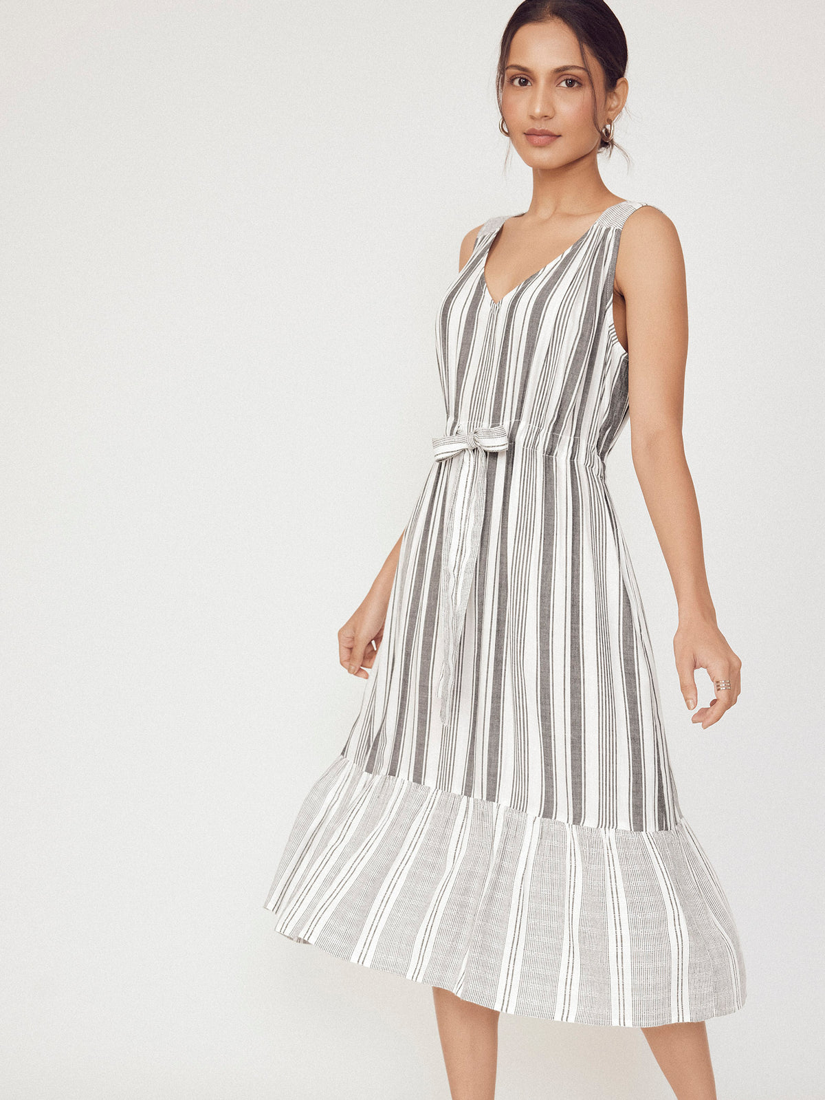 Monochrome Striped Front Tie Dress