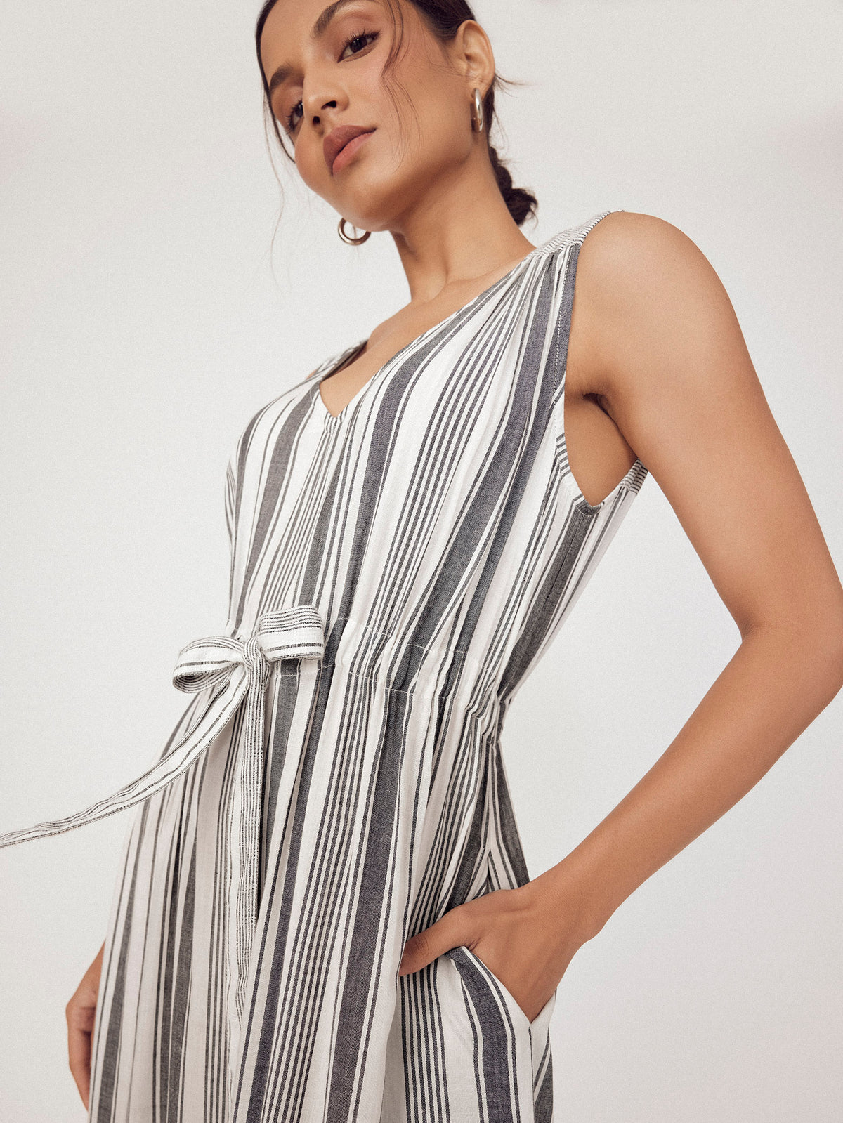 Monochrome Striped Front Tie Dress