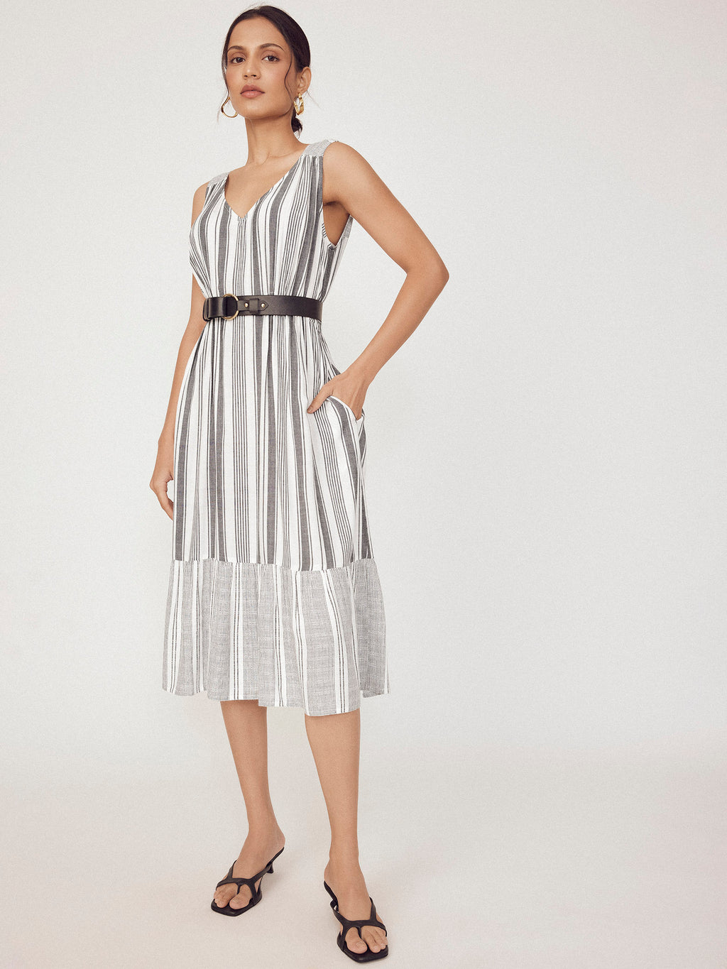 Monochrome Striped Front Tie Dress