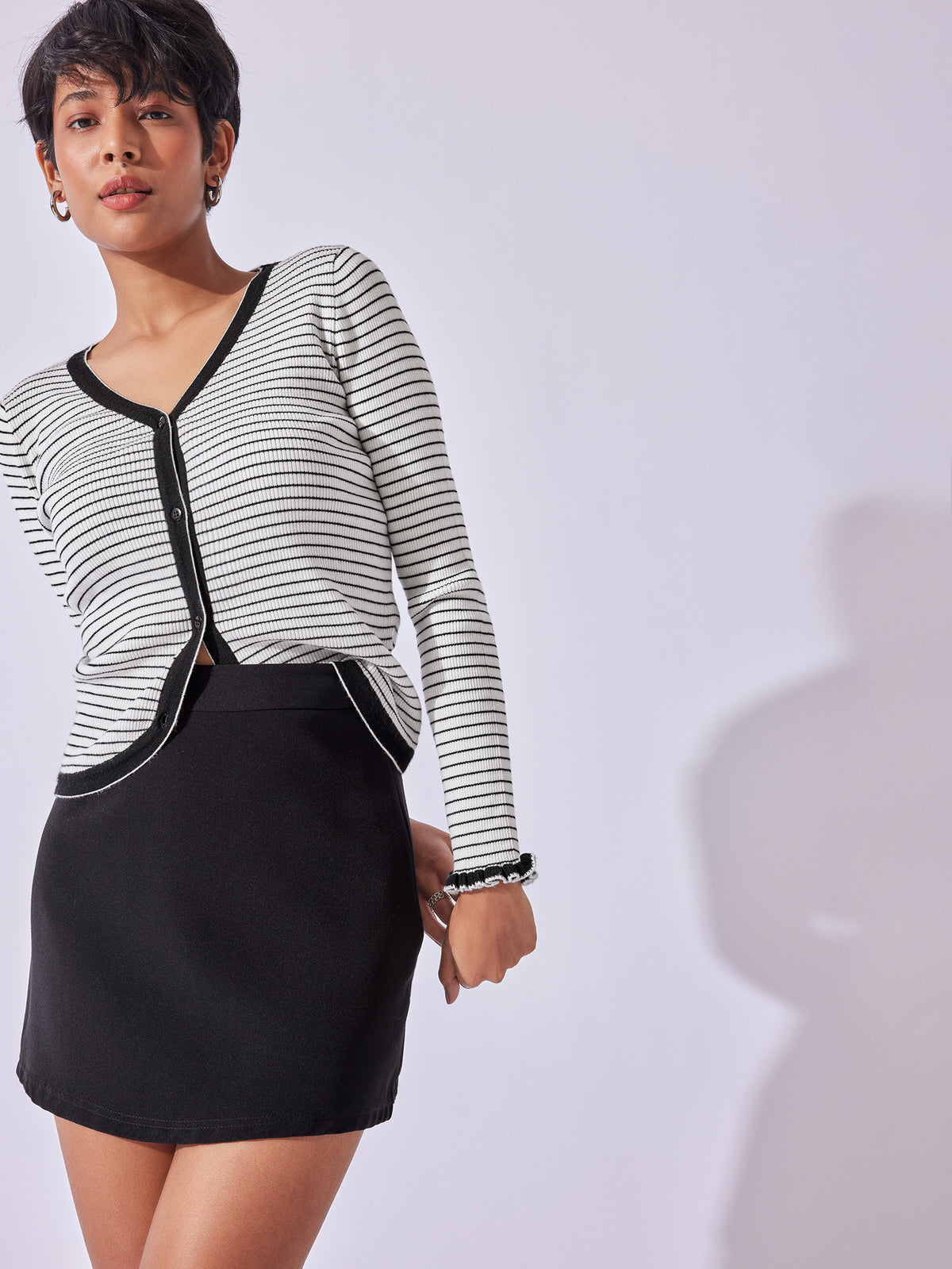 Monochrome Striped V Neck Cardigan