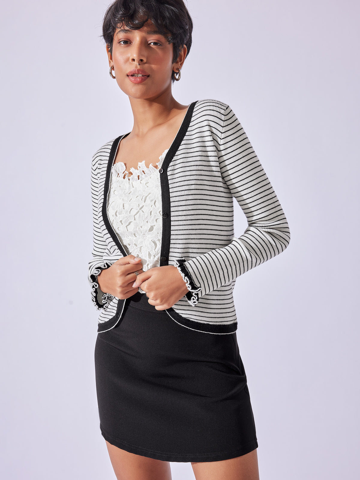 Monochrome Striped V Neck Cardigan