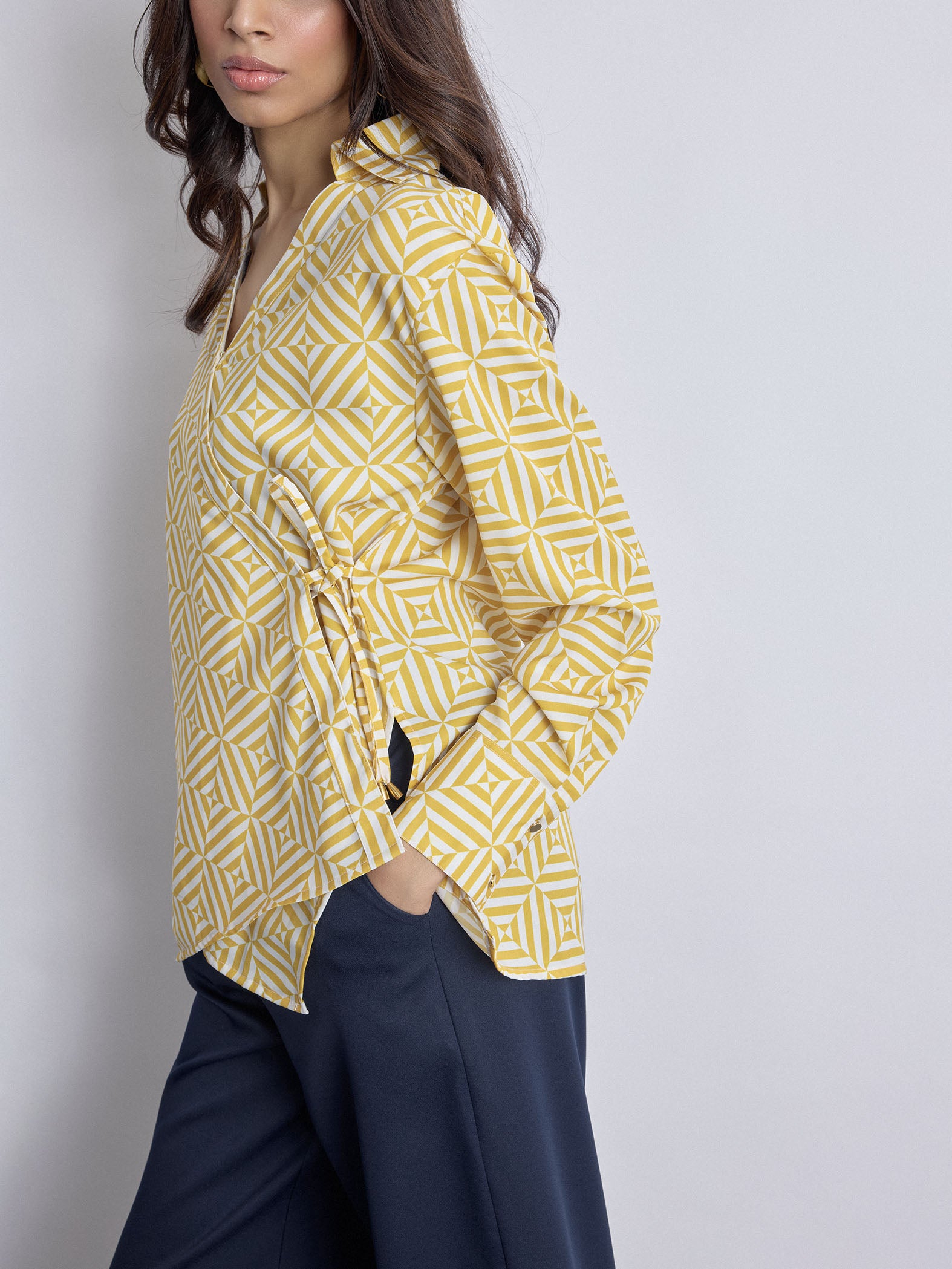 Mustard Geo Print Wrap Blouse