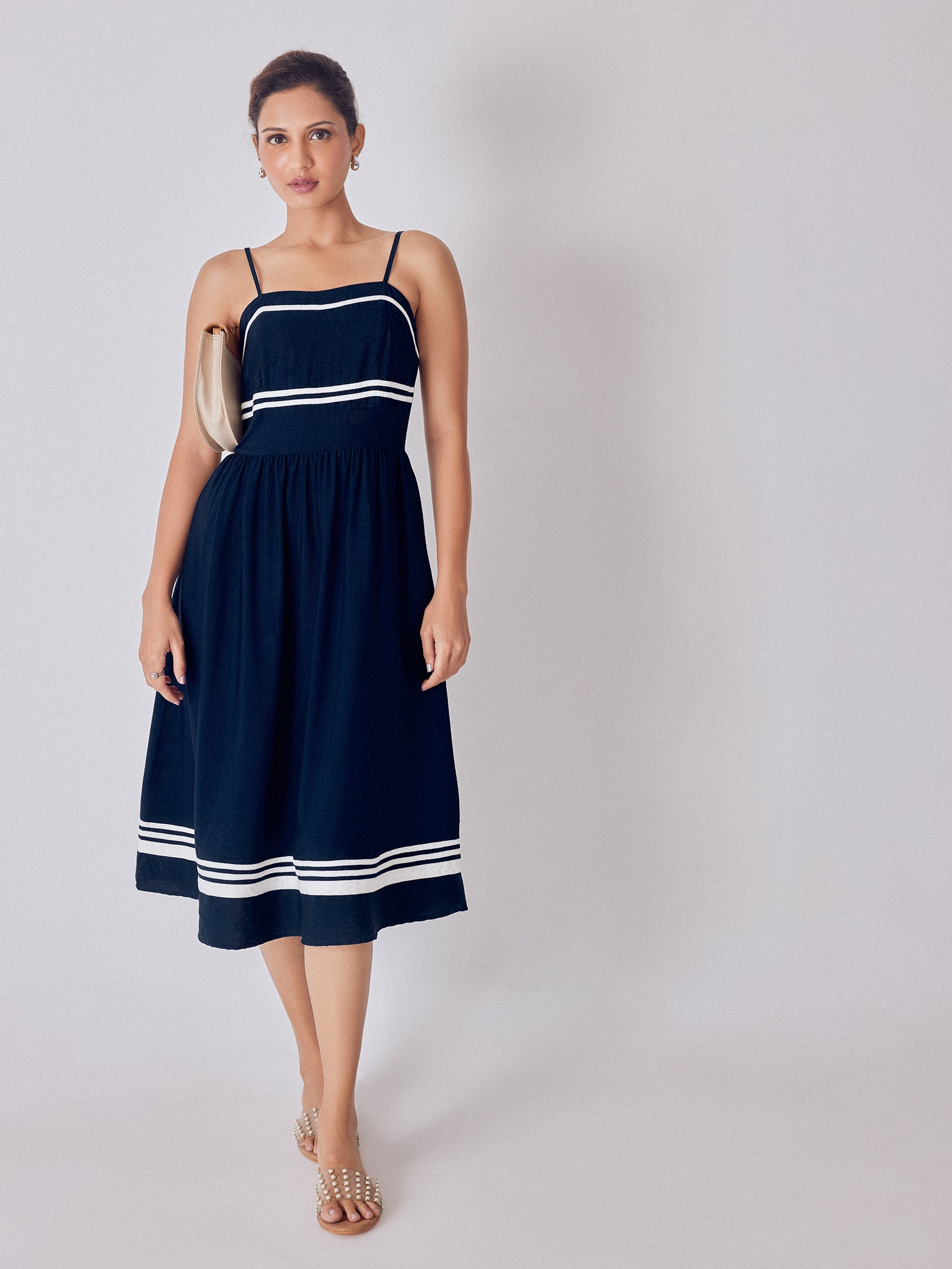 Navy Contrast Piping Detail Dress