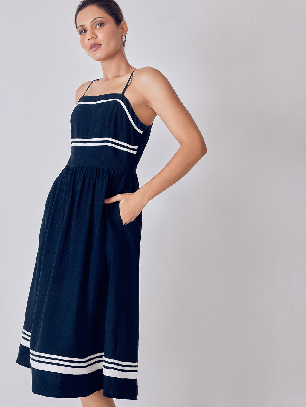 Navy Contrast Piping Detail Dress