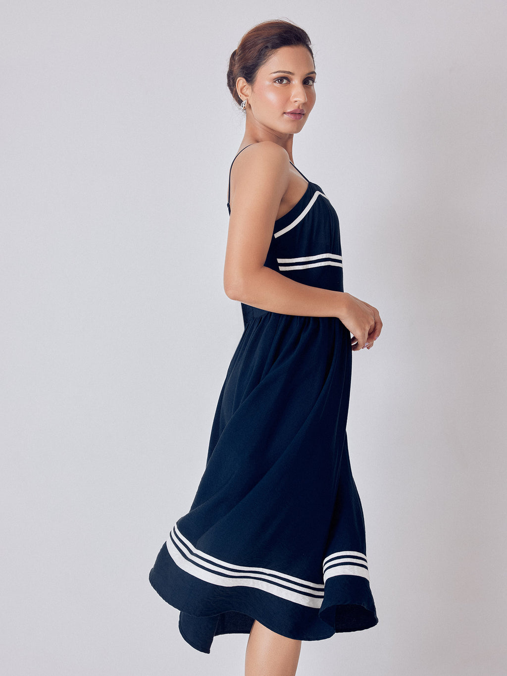 Navy Contrast Piping Detail Dress
