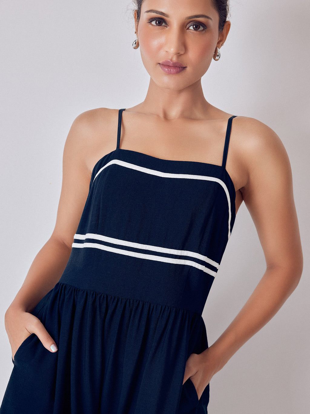 Navy Contrast Piping Detail Dress