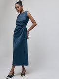 Navy Jacquard Draped Dress