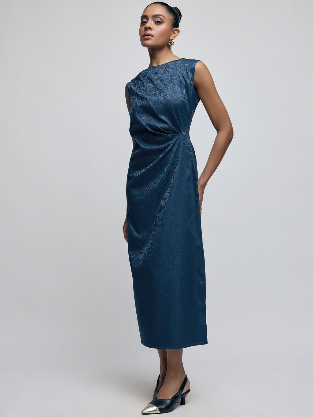 Navy Jacquard Draped Dress