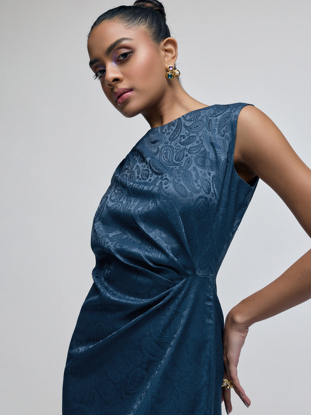 Navy Jacquard Draped Dress