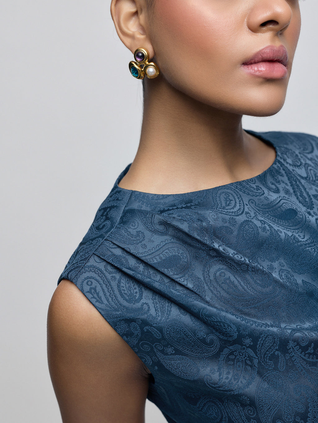Navy Jacquard Draped Dress